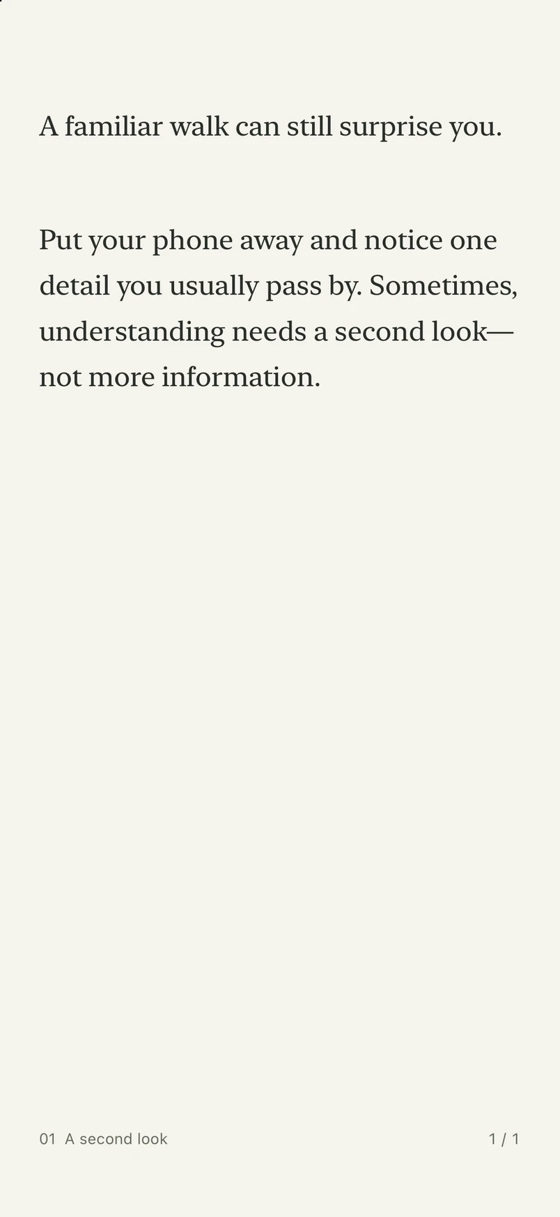 PageBetween reading screen with a short passage and page indicator